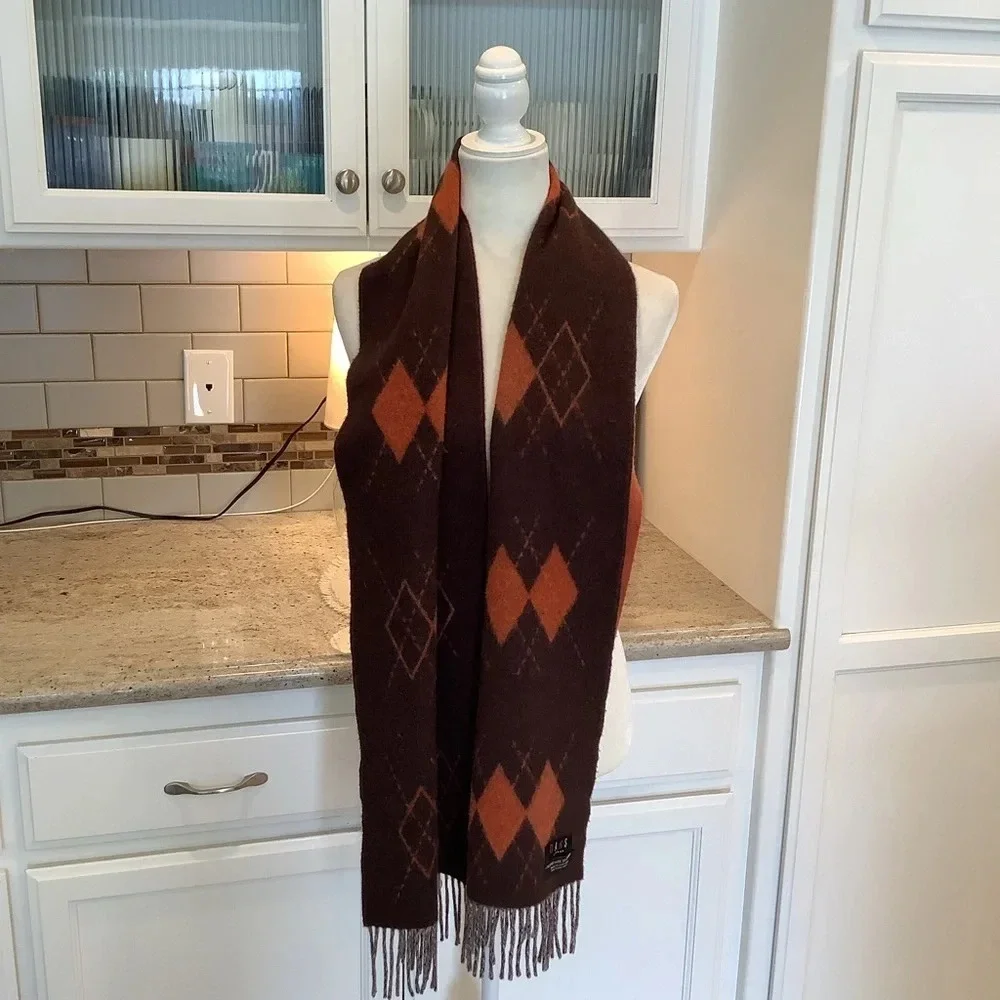 Daks Wool & Cashmere Argyle Fringe Scarf Made in Scotland Brown and Oran… - Picture 2 of 6